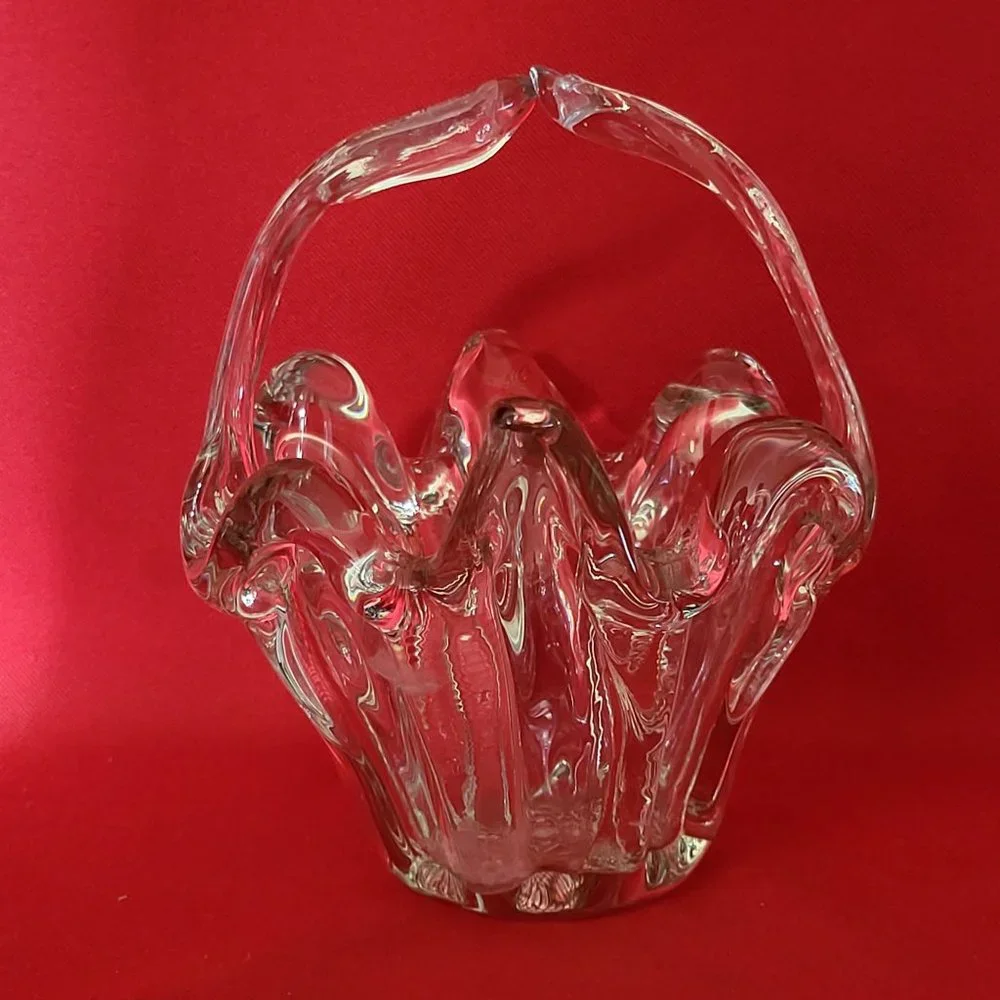 VTG Clear Art Glass Basket Trinket Bowl Candy Dish